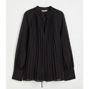 H&M Elegant Black Sheer Pleated Chiffon Long Sleeve Blouse Size Small Office